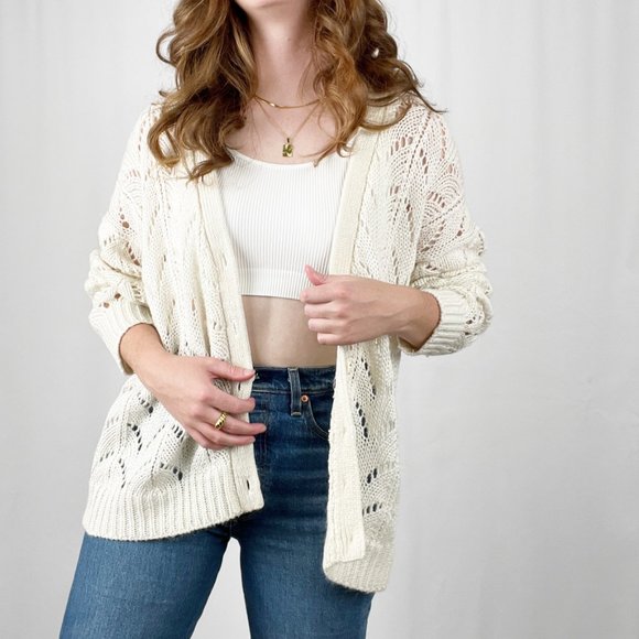 Stunning Vintage Oversized Open Crochet Cable Knit Cardigan Sweater Jumper White - Picture 2 of 7